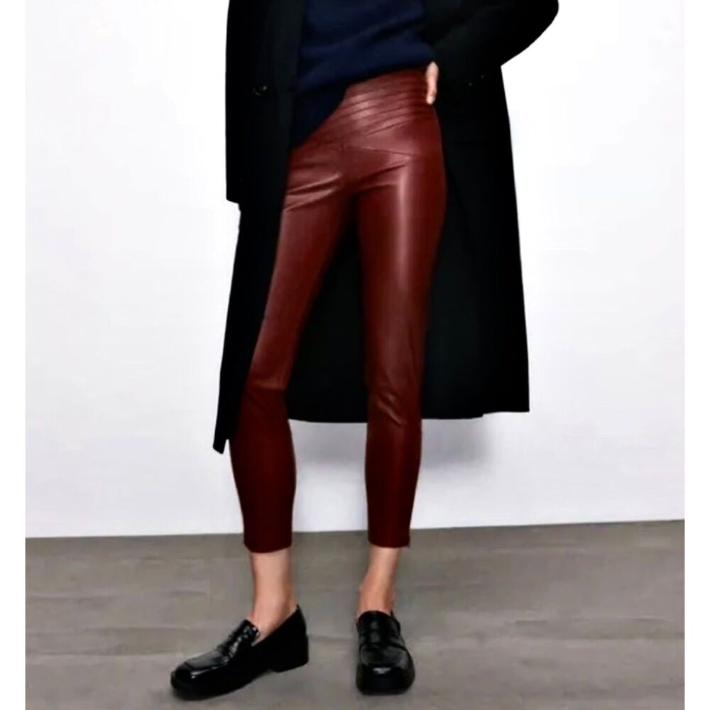 Zara Burgundy Faux Leather High Rise Ankle Cigarette Pants w/Seam Detail, Sz S